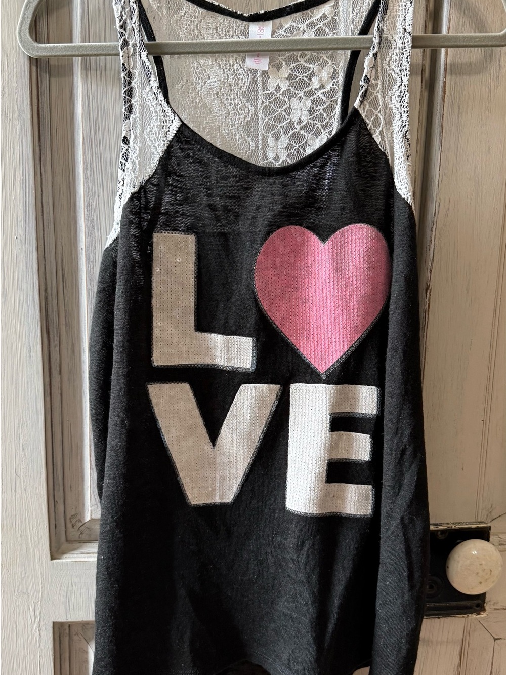 No Boundaries Black Tank Coverup with Pink Heart & White LOVE Graphic Runs Small